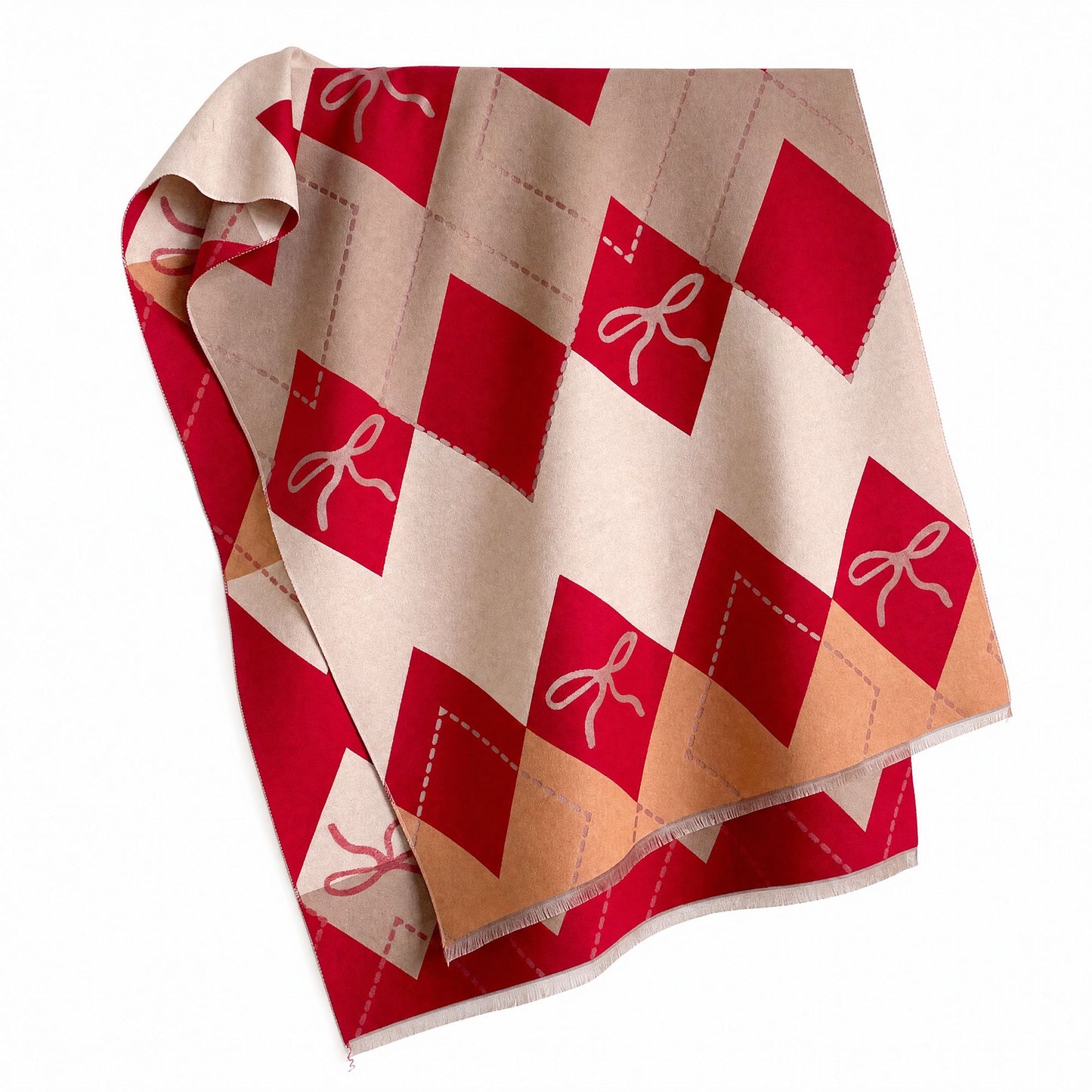 Argyle Bow Print Oversized Scarf Soft Wrap Shawl with Fringe Edge 70.8*25.6 Inches
