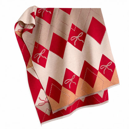 Argyle Bow Print Oversized Scarf Soft Wrap Shawl with Fringe Edge 70.8*25.6 Inches