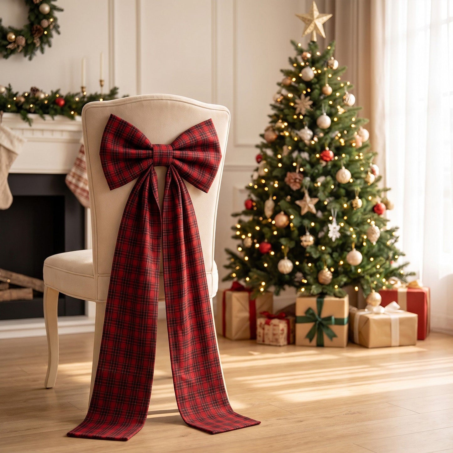 Large Plaid Christmas Bow with Long Ribbon Tails