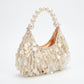 Shell Disc Embellished Shoulder Bag with Faux Pearl Handle Beaded Fringe Handbag 9.5x4.5x0.6 in