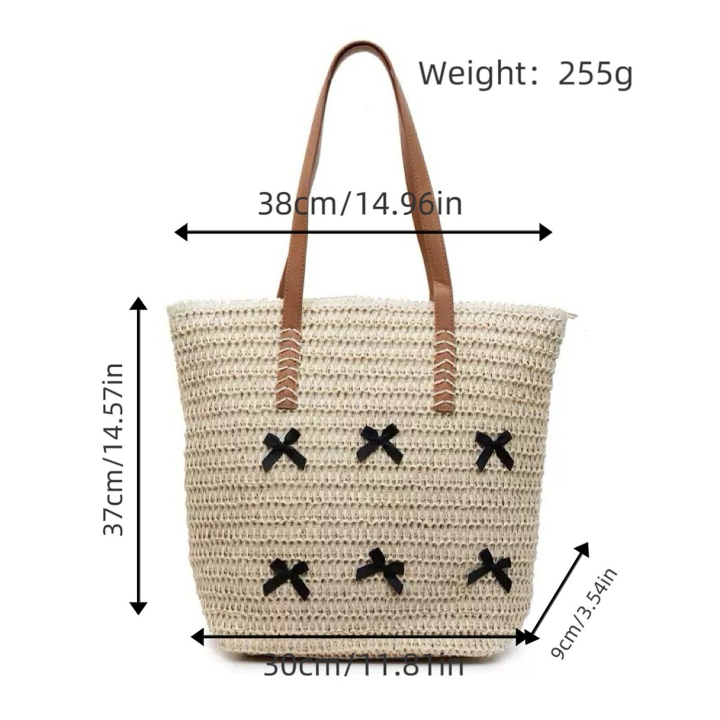 Woven Crochet Tote Bag with Bow Detail Leather Strap Shoulder Handbag Lightweight Knit Large Tote