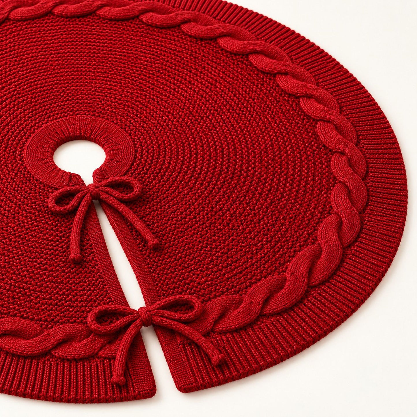 Cable Knit Christmas Tree Skirt with Bow Tie Closure