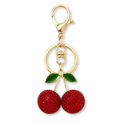 Rhinestone Cherry Bag Charm Keychain with Gold-Tone Lobster Clasp