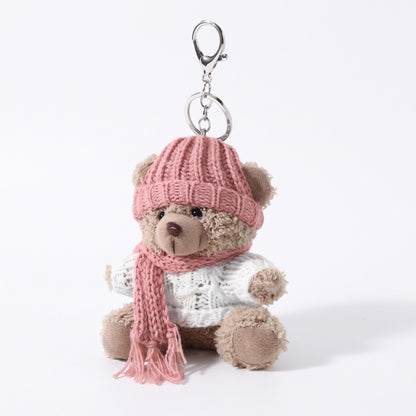 Plush Teddy Bear Keychain Bag Charm with Knit Hat and Scarf