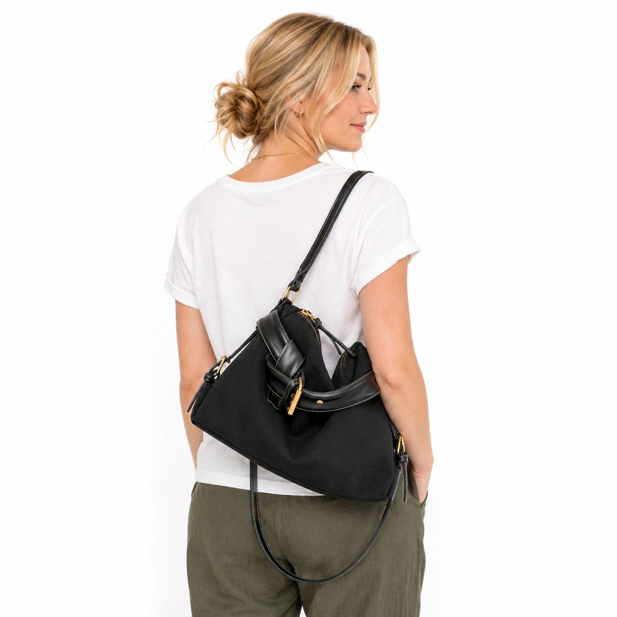 Slouchy Shoulder Hobo Bag with Adjustable Strap Buckle Detail and Inner Zip Pocket