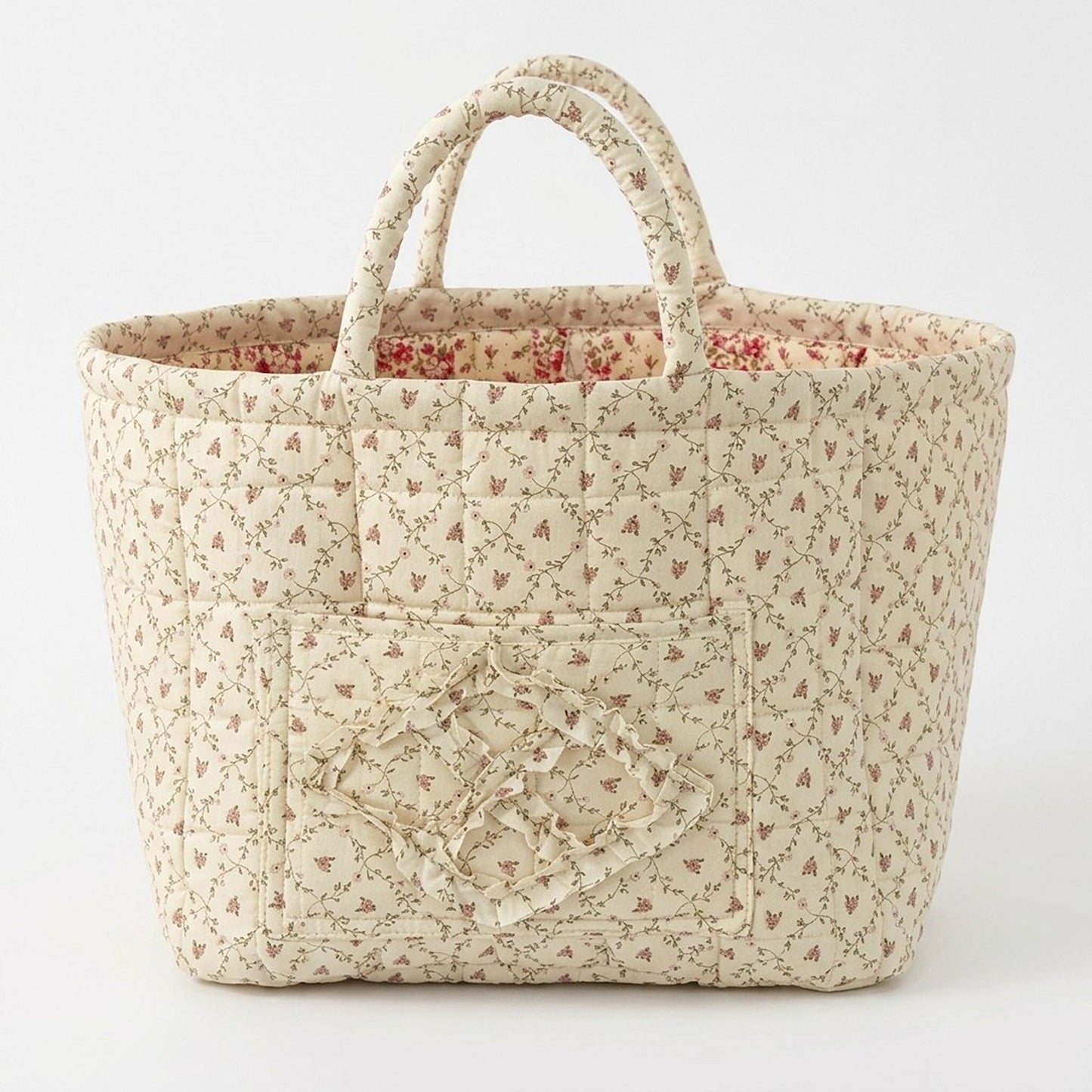 Floral Quilted Storage Basket with Handles and Tissue Pocket