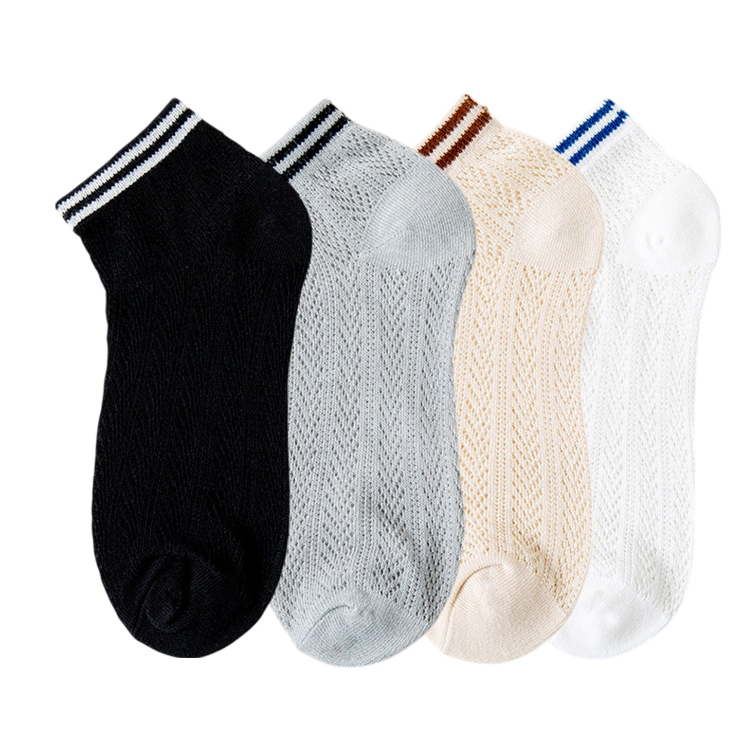 4-Pair Pack Lightweight Mesh Ankle Socks with Striped Cuffs Breathable Knit Texture