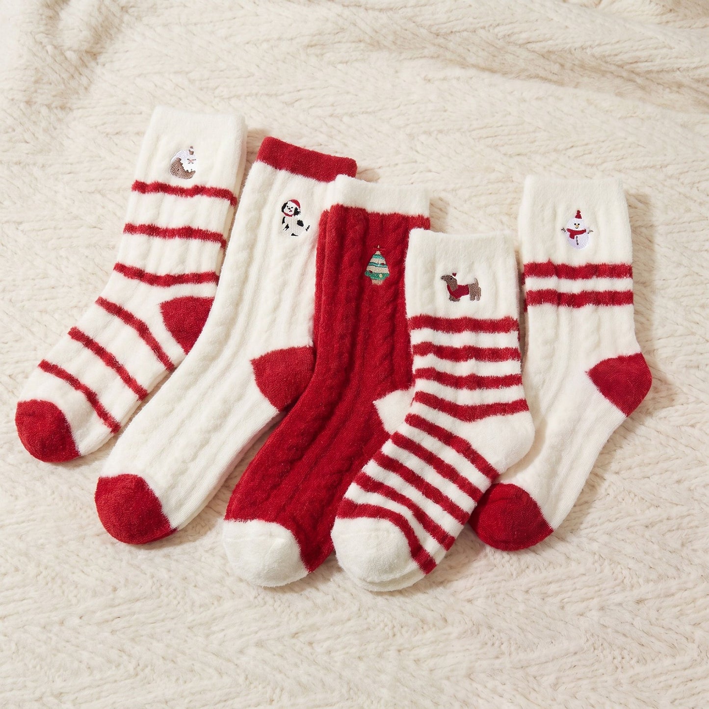 5-Pair Festive Holiday Cable Knit Crew Socks Set with Fuzzy Red Accents and Embroidery
