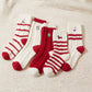 5-Pair Festive Holiday Cable Knit Crew Socks Set with Fuzzy Red Accents and Embroidery