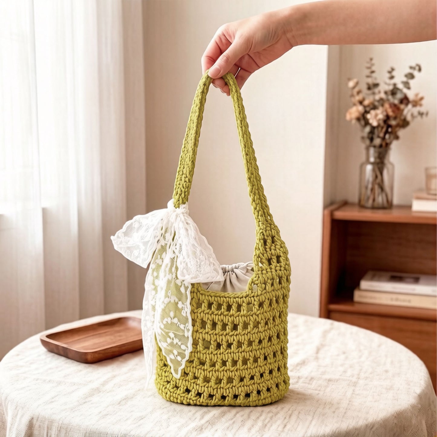 Crochet Shoulder Bag with Lace Bow Detail Knit Bucket Handbag Drawstring Lined Casual Everyday Tote