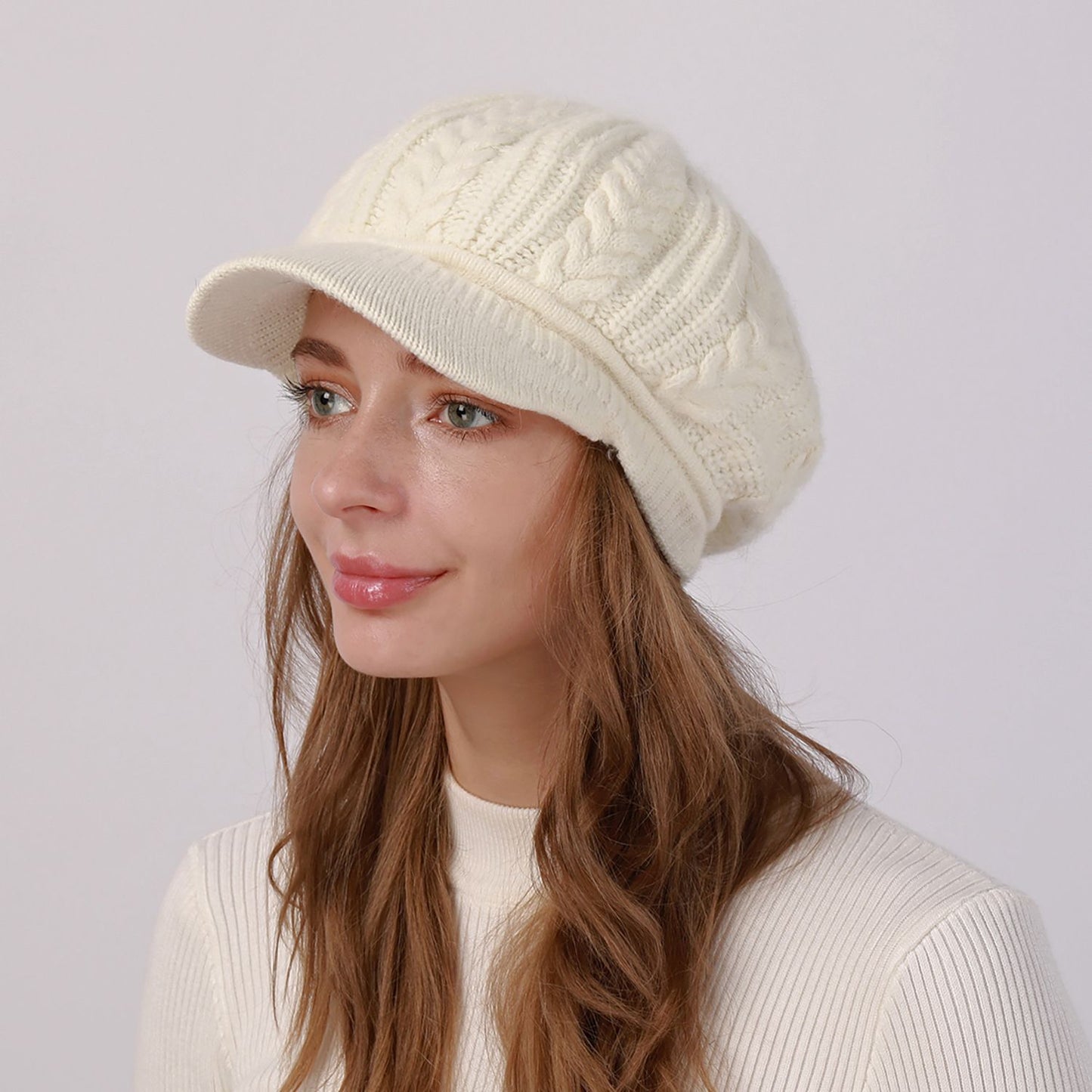 Cable Knit Brim Beanie Faux Fur Lined Warm Winter Hat