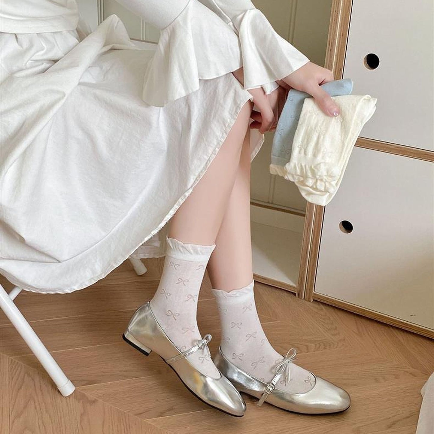 Bow-Patterned Ruffle-Cuff Ankle Socks 6pk