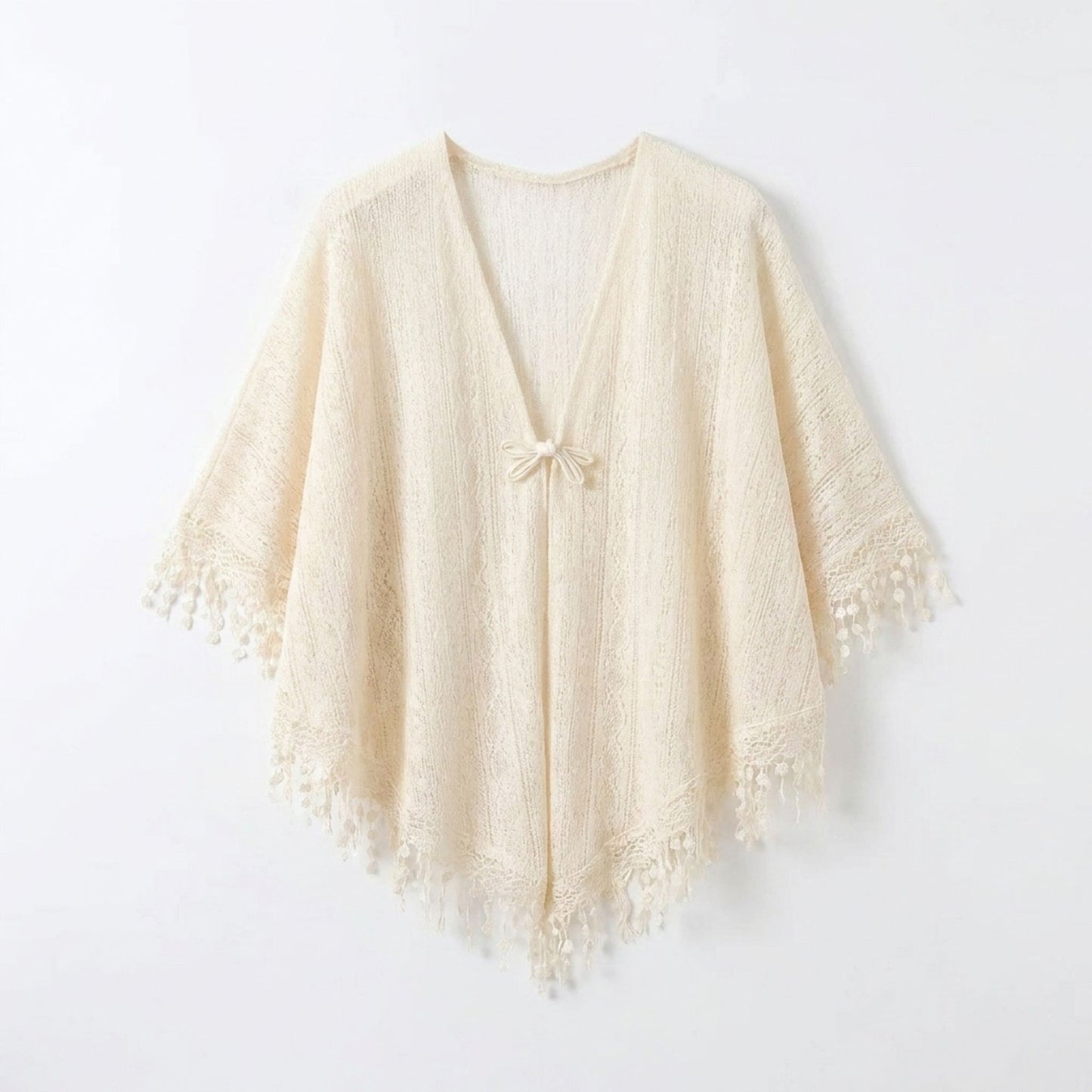 Lace Poncho Cover Up with Fringe Trim and Front Tie
