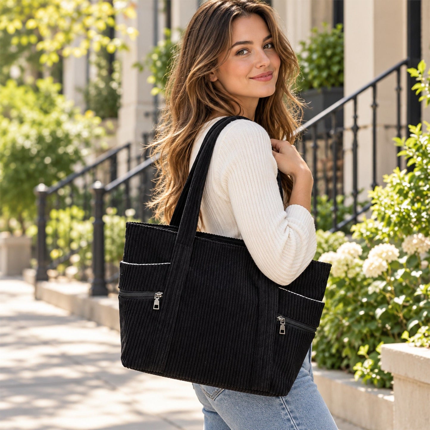 Large Corduroy Tote Bag with Zipper Pockets