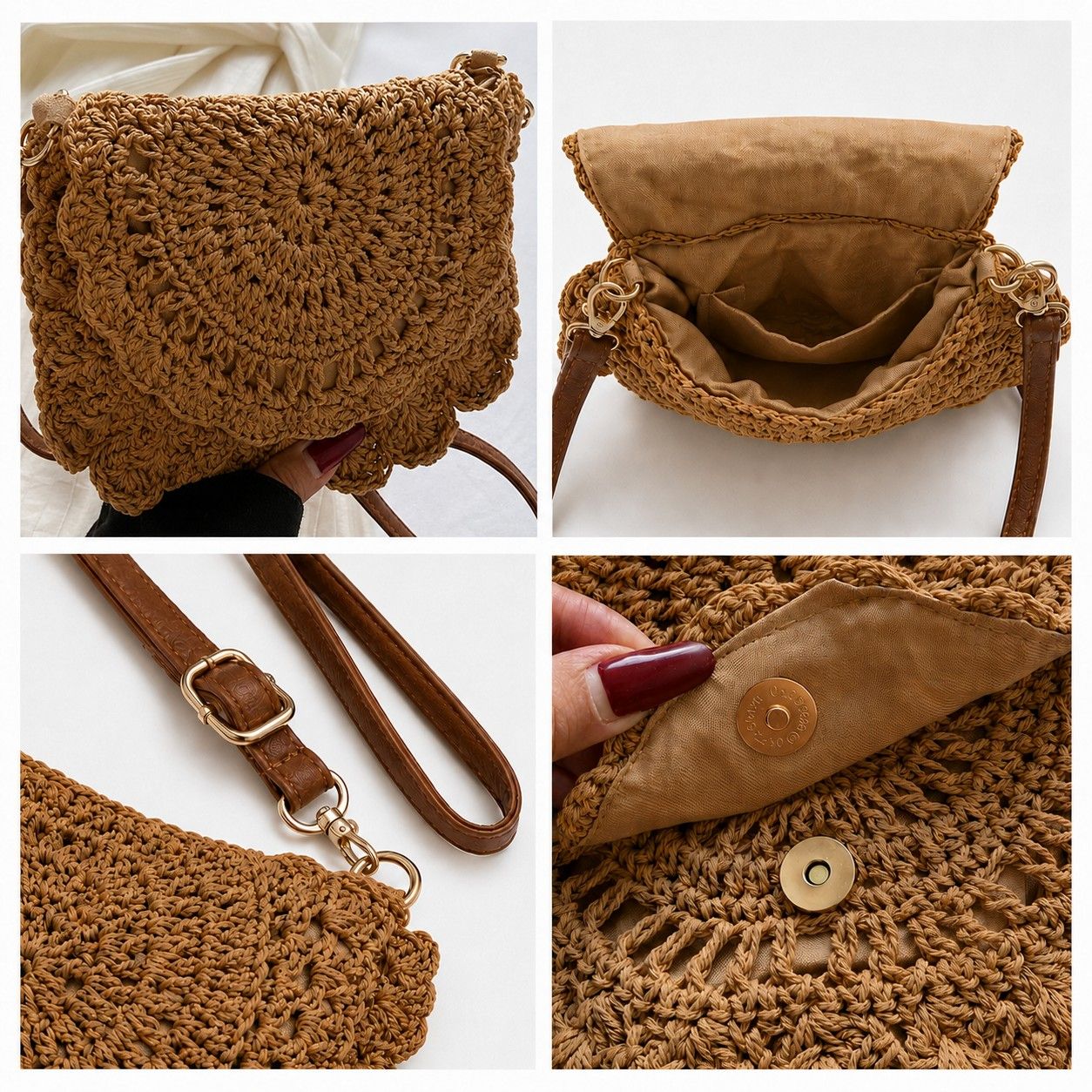 Crochet Crossbody Bag with Scalloped Flap Magnetic Closure and Shoulder Strap