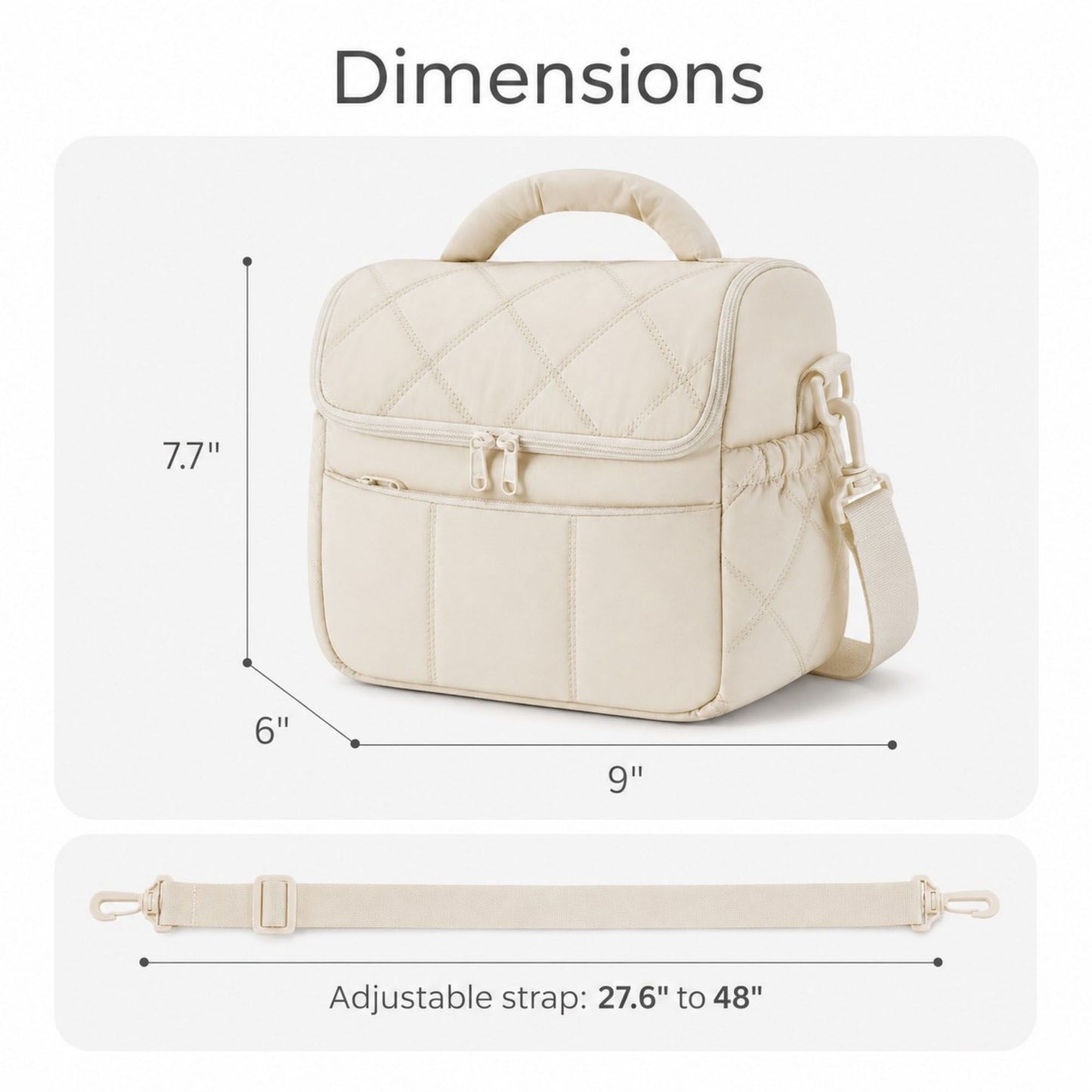Quilted Insulated Lunch Bag with Adjustable Strap Padded Handle and PEVA Lining