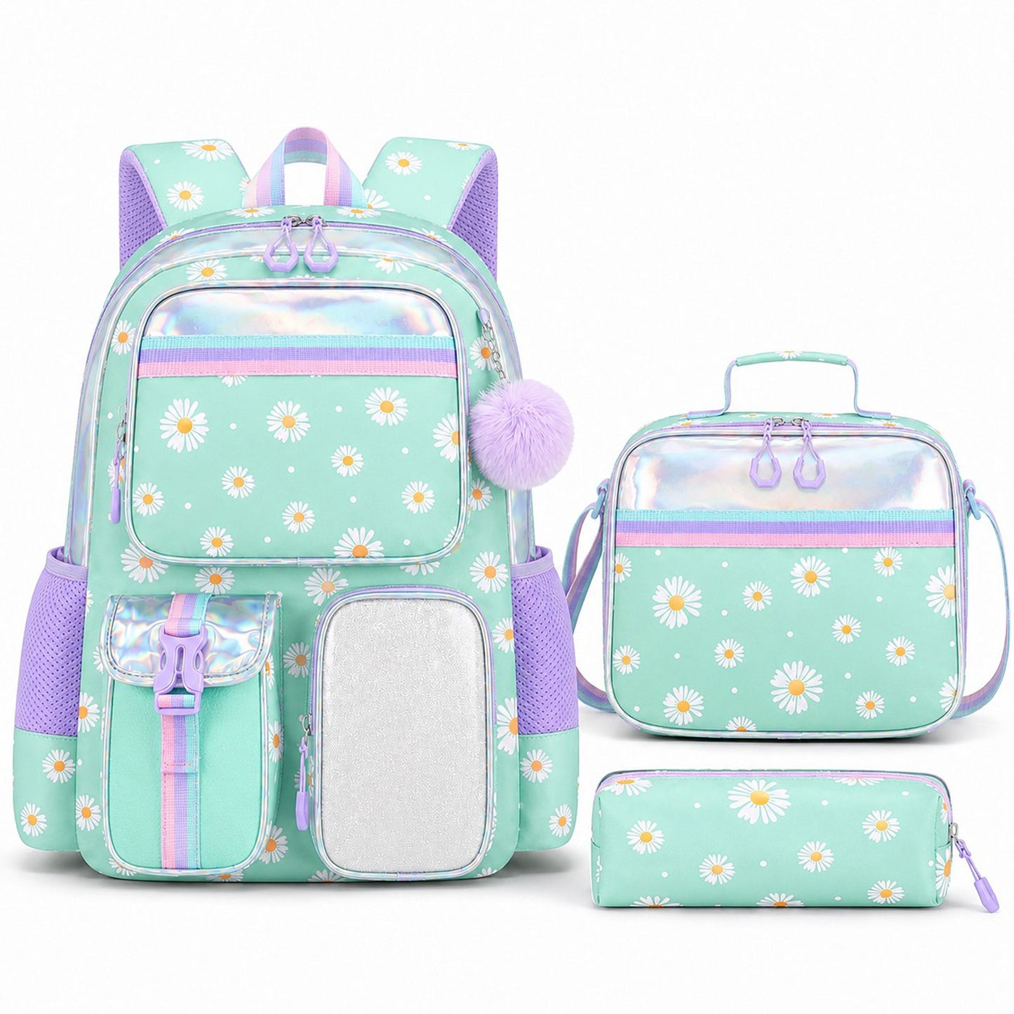 3pc Daisy Print School Backpack Lunch Bag Pencil Case Set