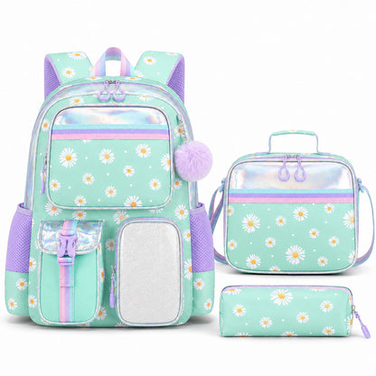 3pc Daisy Print School Backpack Lunch Bag Pencil Case Set