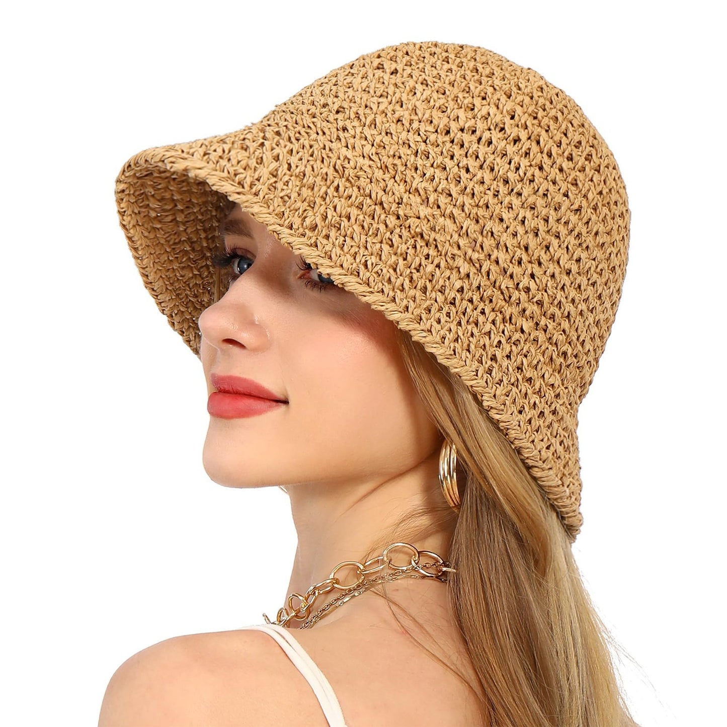 Crochet Raffia Bucket Hat Lightweight Foldable Wide Brim Sun Hat for Stylish Summer Protection