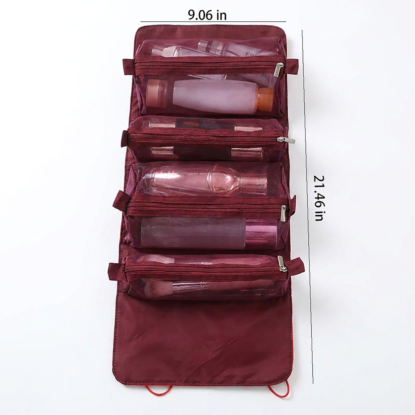 Hanging Travel Toiletry Bag with Clear Zipper Compartments and Roll-Up Organizer Design