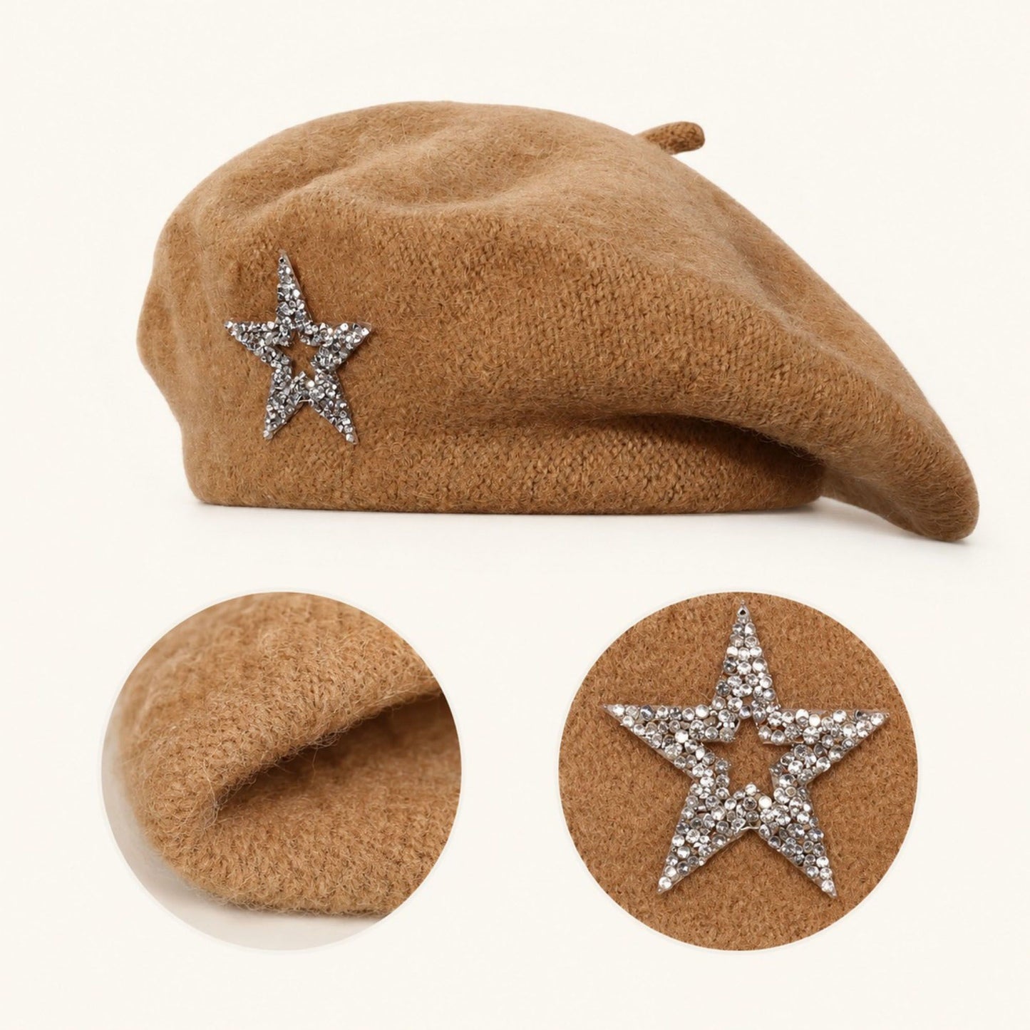 Rhinestone Star Embellished Knit Wool Beret