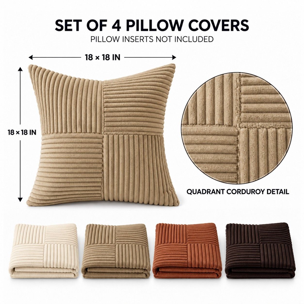 4 Pack Patchwork Corduroy Throw Pillow Covers 18 x 18 Inch for Sofa and Bed