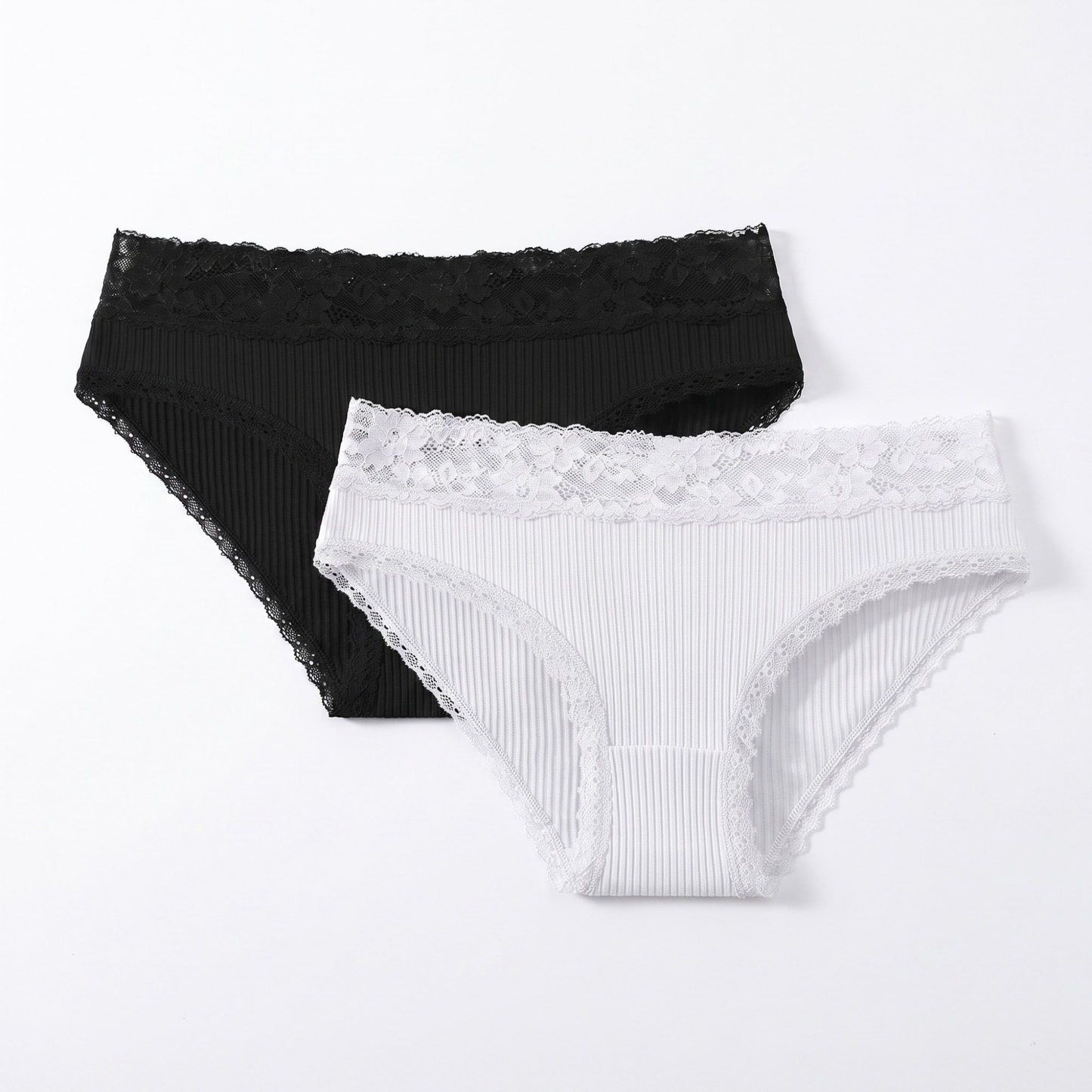 2 Pack Ribbed Floral Lace Bikini Underwear