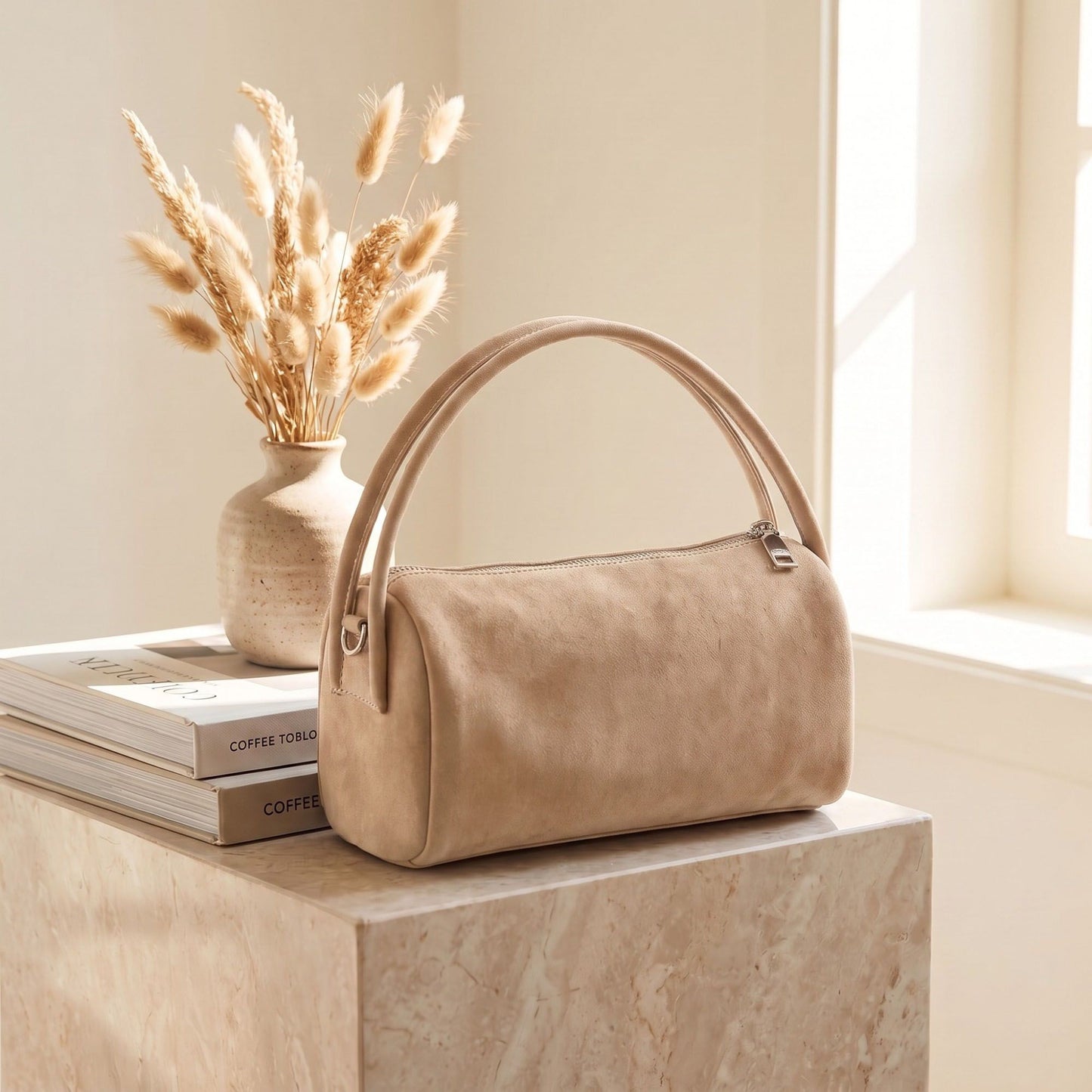 Faux Suede Satchel Bag with Detachable Crossbody Strap Beige
