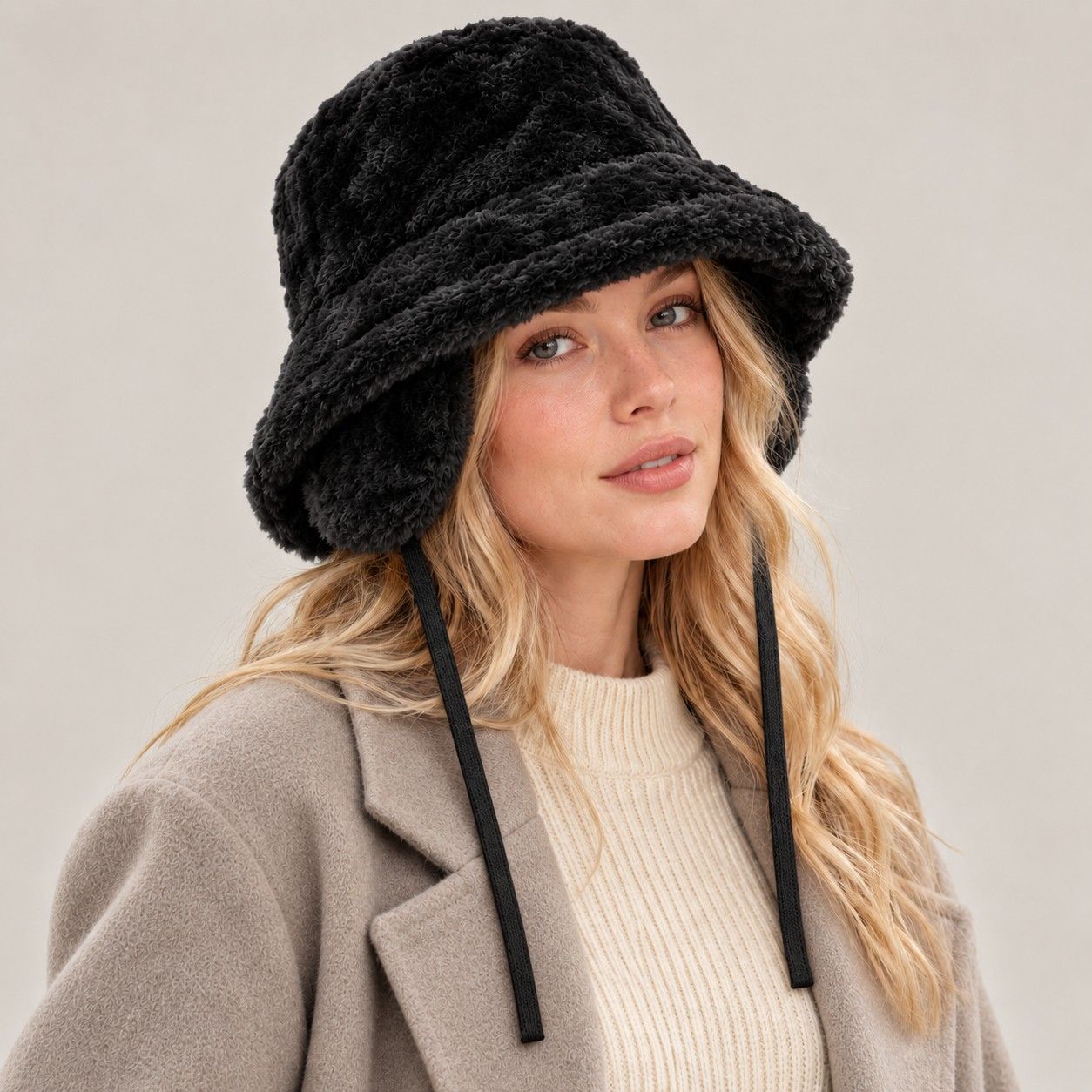 Plush Bucket Hat Removable Ear Flaps Tie Straps Fuzzy Winter Hat