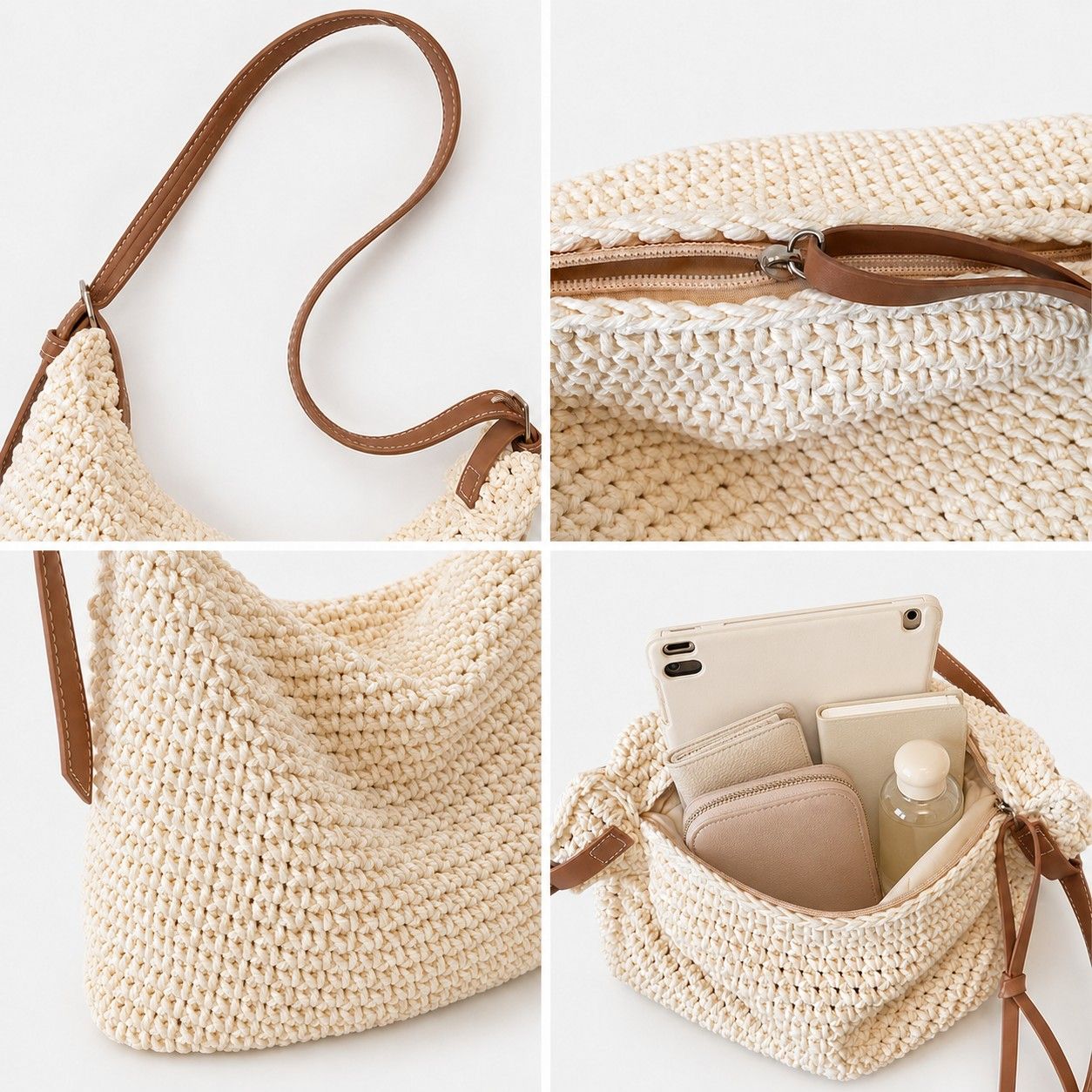 Woven Hobo Shoulder Crossbody Bag with Zip Closure and Slouchy Shape