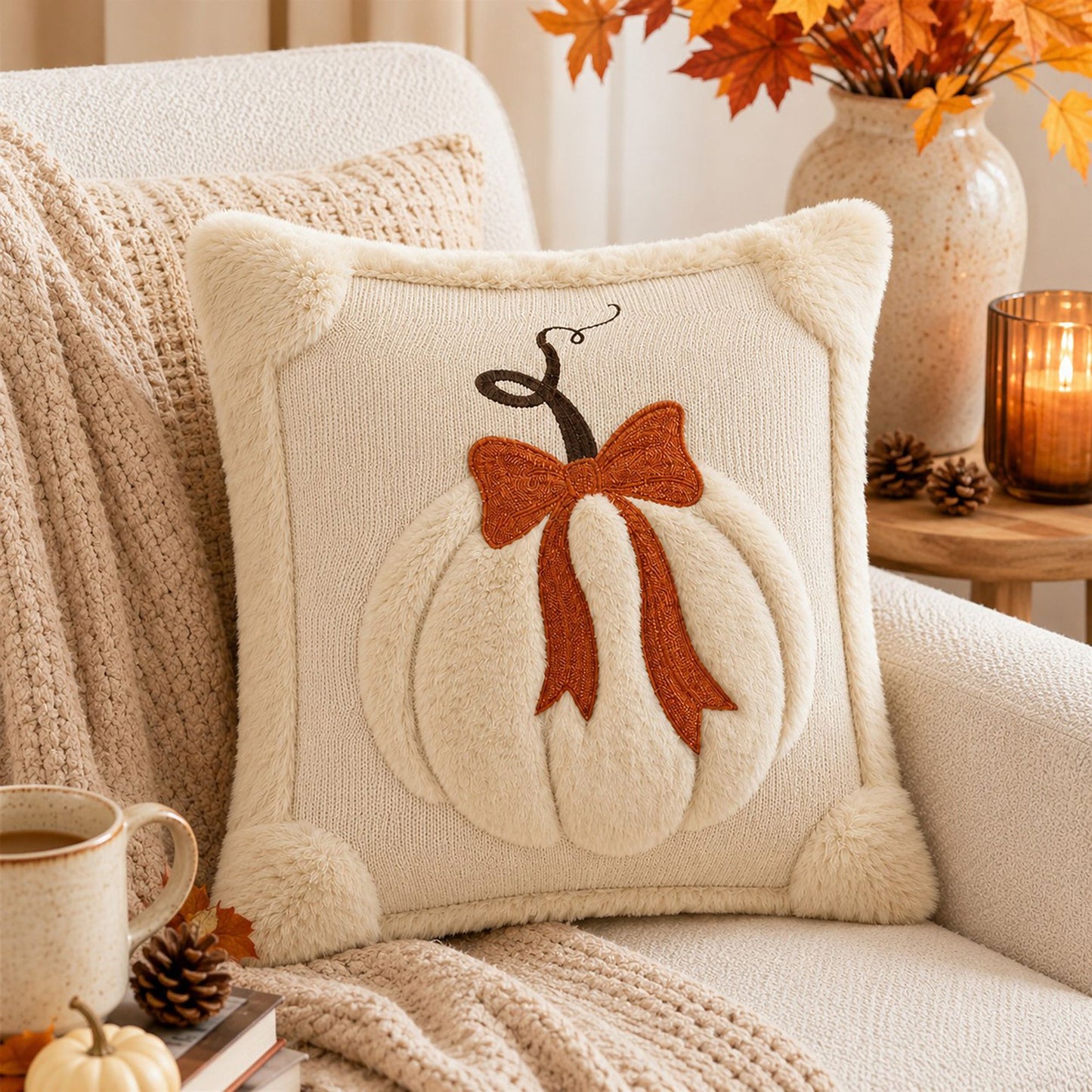 Textured Pumpkin Bow Decorative Throw Pillow Cover for Sofa Bed Chair Fall Decor