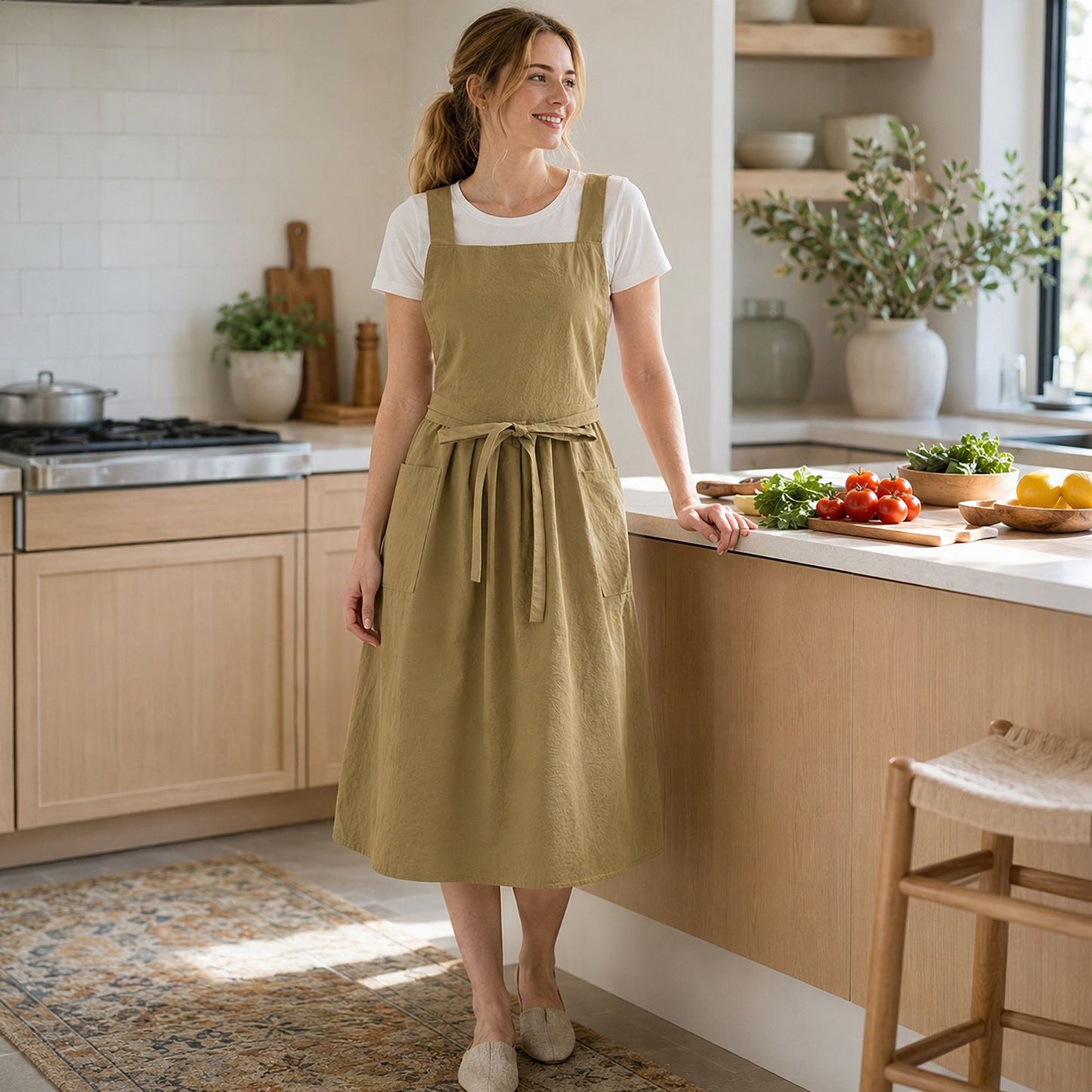 Water Resistant Cross Back Apron with Pockets and Waist Tie