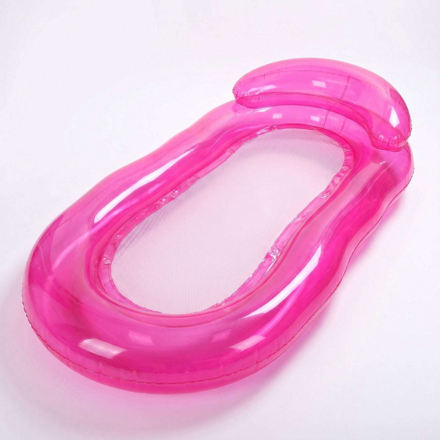 Pink Inflatable Pool Float with Mesh Center and Pillow Headrest