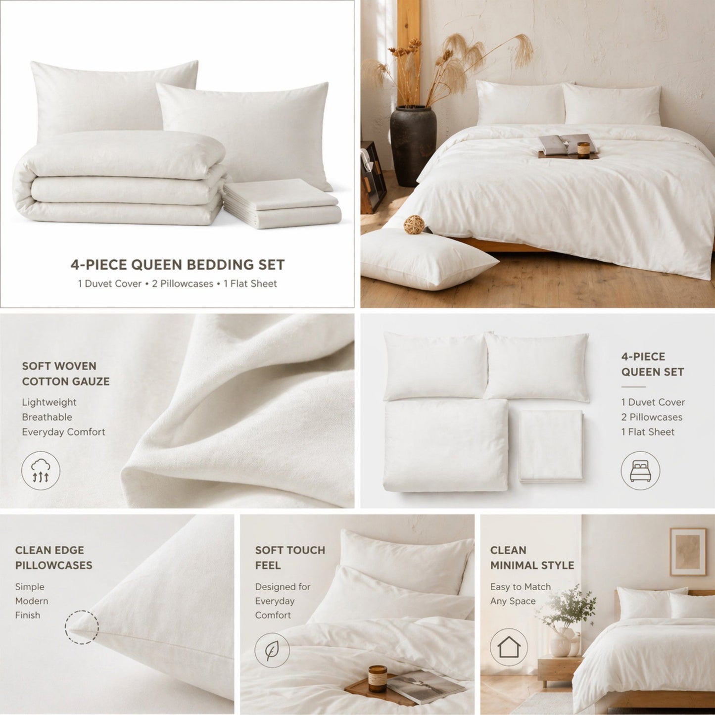 4-Piece Cotton Washed Bedding Set with Duvet Cover Flat Sheet and Pillowcases Textured Woven Finish
