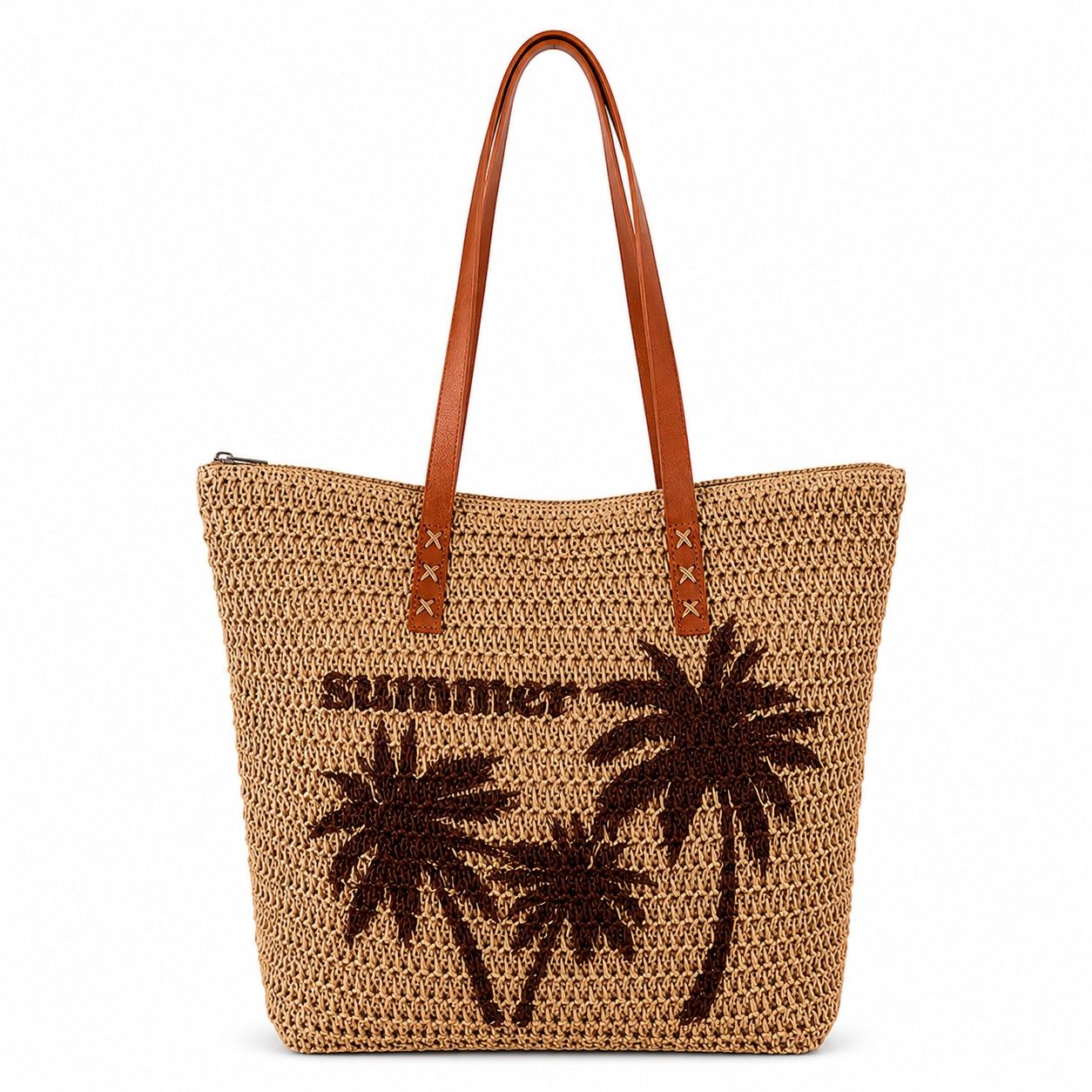 Palm Tree Woven Tote Bag Large Capacity Shoulder Handbag with Faux Leather Handles