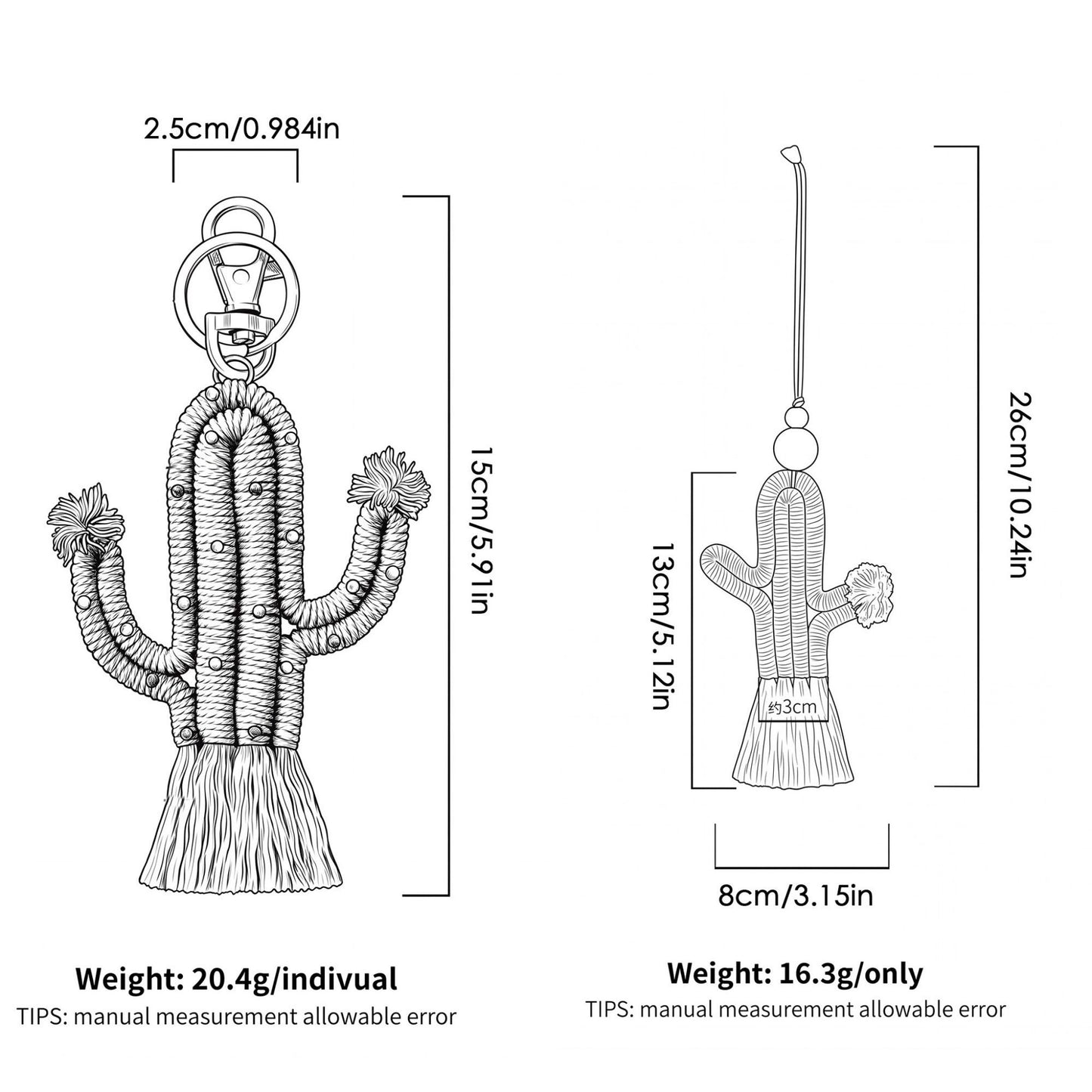 Cactus Macrame Keychain with Tassel Bag Charm