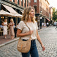 Woven Crochet Hobo Bag with Flap Pocket Leather Strap Slouchy Shoulder Handbag Lightweight Knit Tote