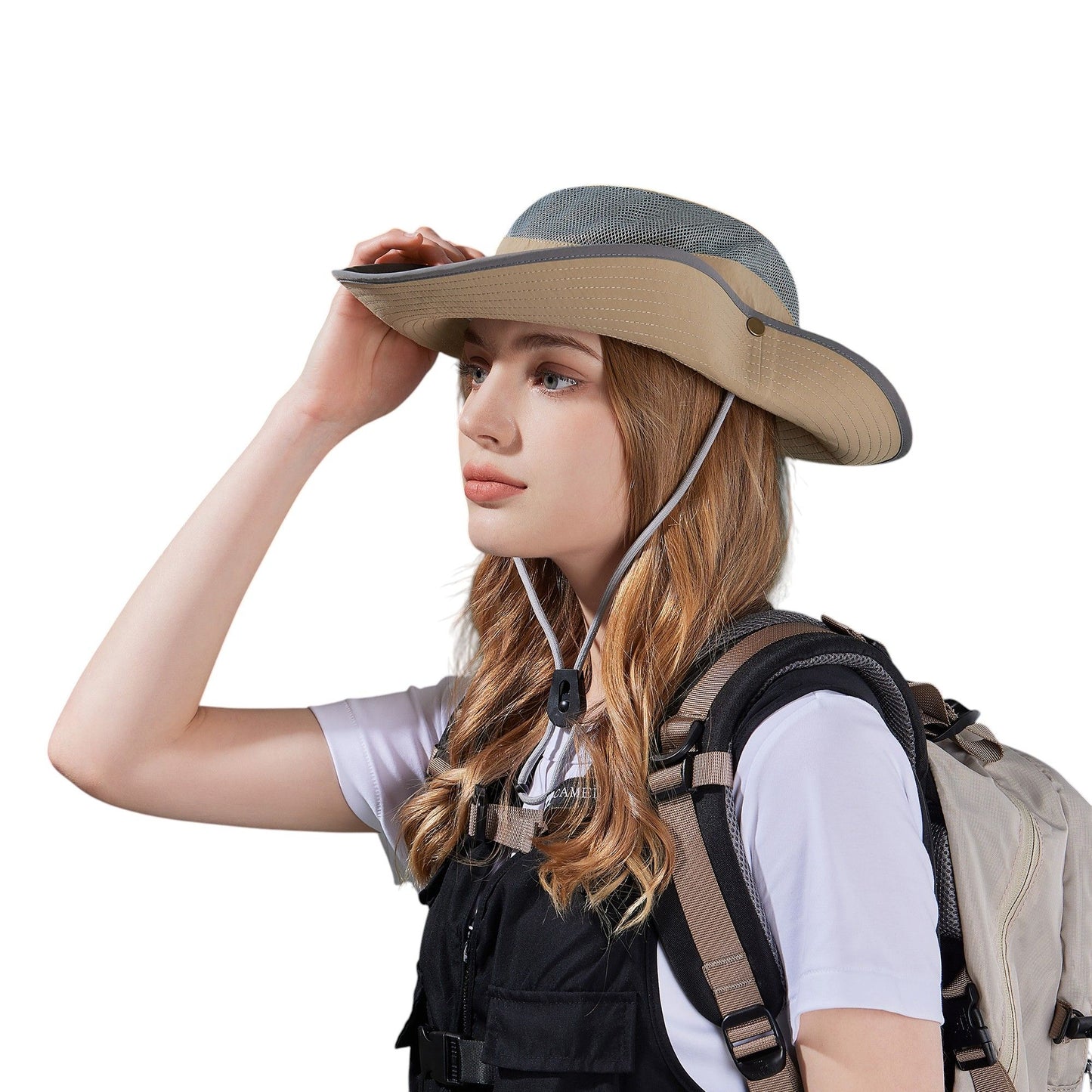 Wide Brim Outdoor Hat with Mesh Ventilation Snap-Up Sides and Chin Strap for Hiking, Beach, Travel, and Sun Protection