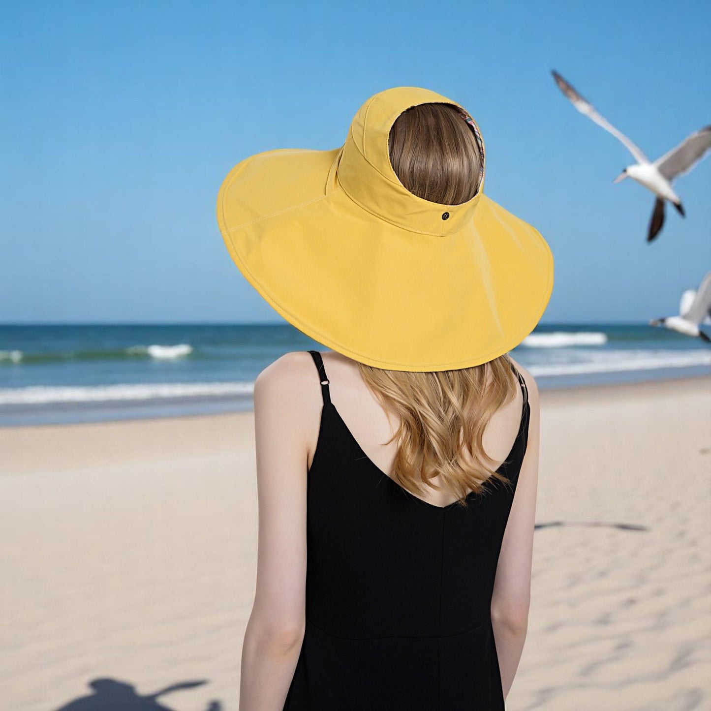 Wide Brim Sun Hat with Ponytail Hole Neck Tie Closure and Patterned Lining for UV Protection and Outdoor Style