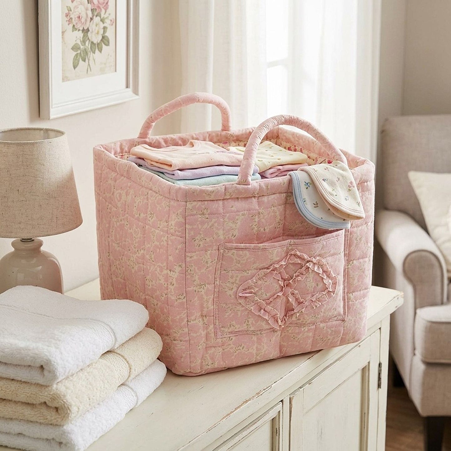 Floral Quilted Storage Caddy with Carry Handles