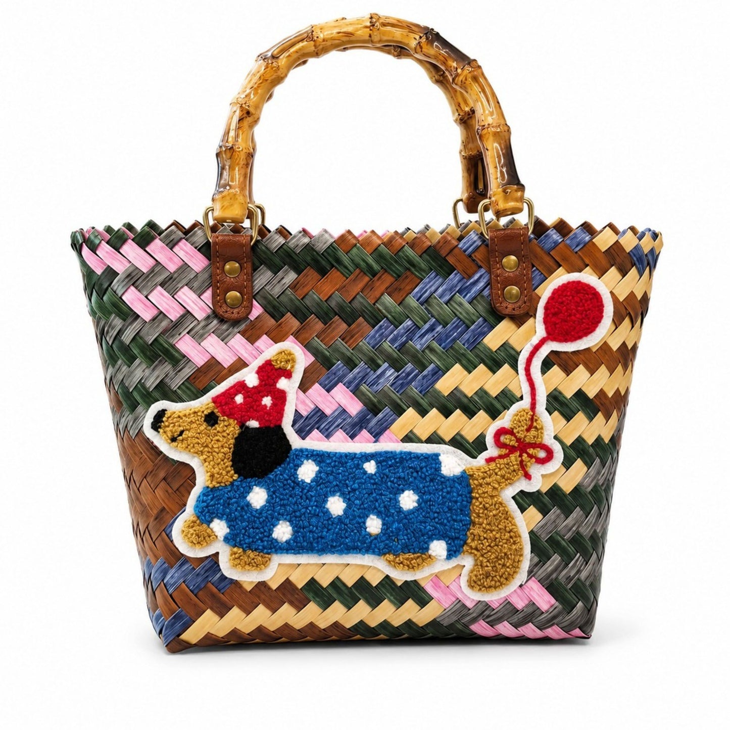 Woven Bamboo Handle Tote Handbag with Whimsical Dachshund Applique, Structured Shape and Roomy Interior