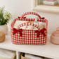 Quilted Gingham Storage Caddy with Handles Bow Accent for Makeup Vanity Dorm Bathroom Organizer