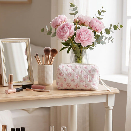Womens Quilted Bow Print Makeup Bag Cosmetic Organizer Pouch