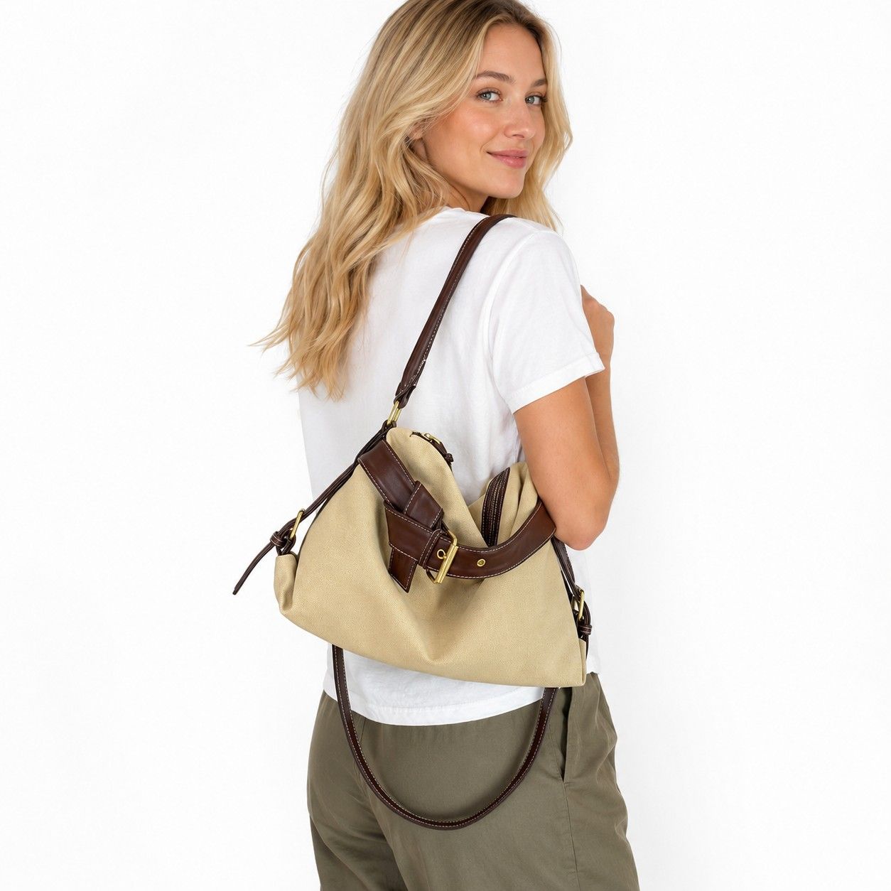 Slouchy Shoulder Hobo Bag with Adjustable Strap Buckle Detail and Inner Zip Pocket