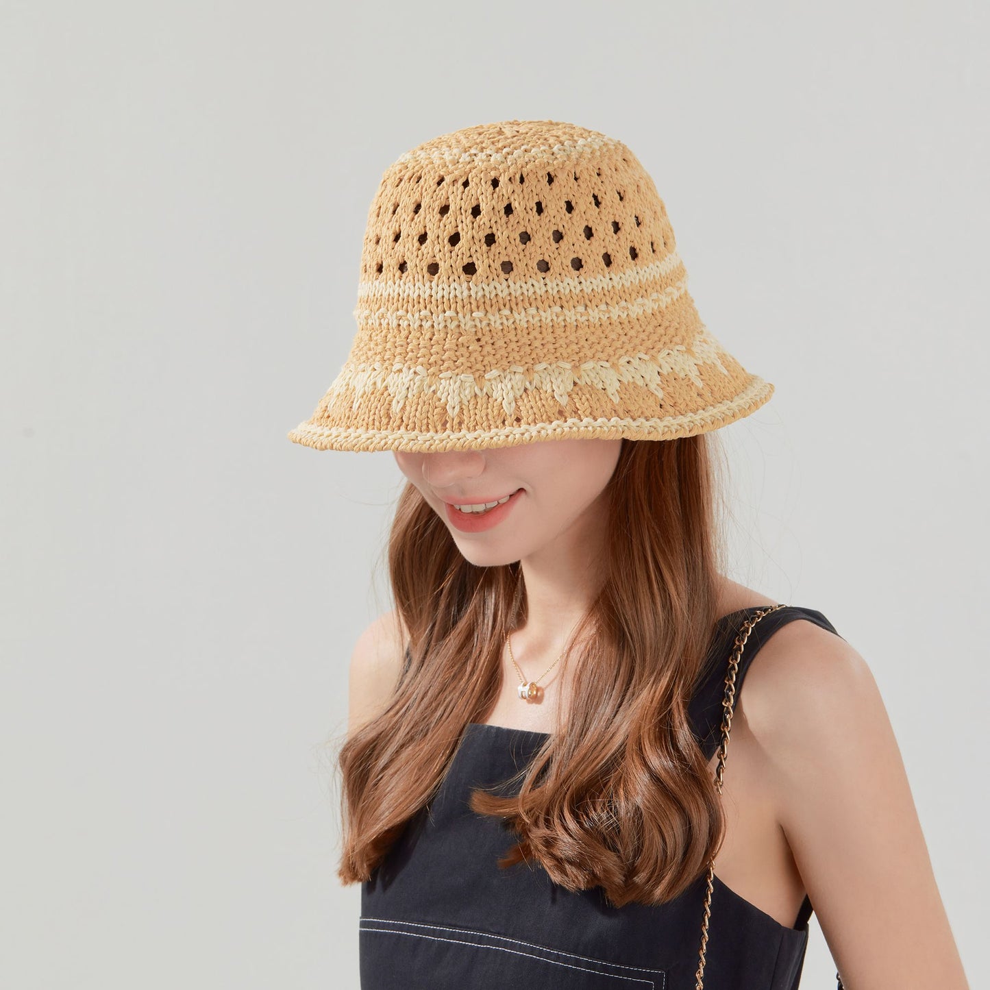 Crochet Knit Bucket Hat with Openwork Floral Pattern and Rolled Brim for Lightweight Summer Style