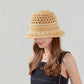 Crochet Knit Bucket Hat with Openwork Floral Pattern and Rolled Brim for Lightweight Summer Style