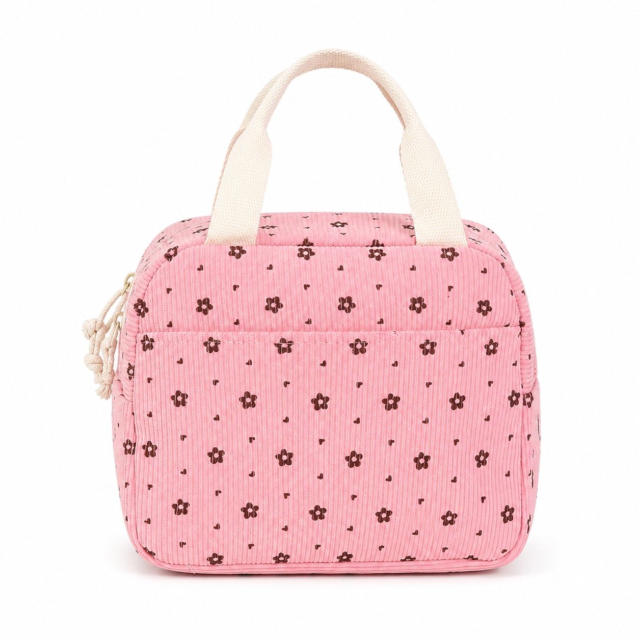 Floral Corduroy Insulated Lunch Tote Bag with Front Pocket and Zip Closure