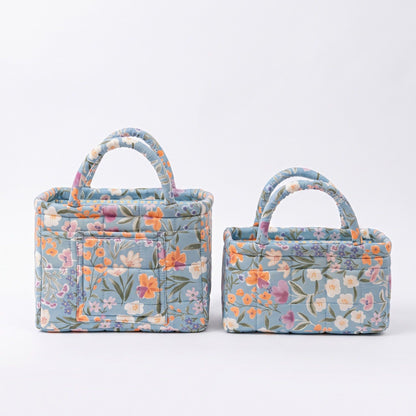 2 Piece Quilted Floral Storage Tote Set with Handles and Front Pocket