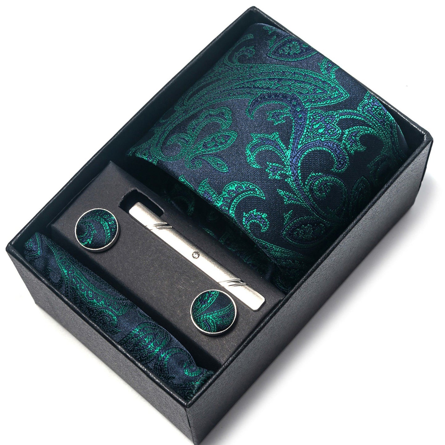 Men's Floral Print Tie Gift Set with Matching Pocket Square Cufflinks and Silver Tie Clip