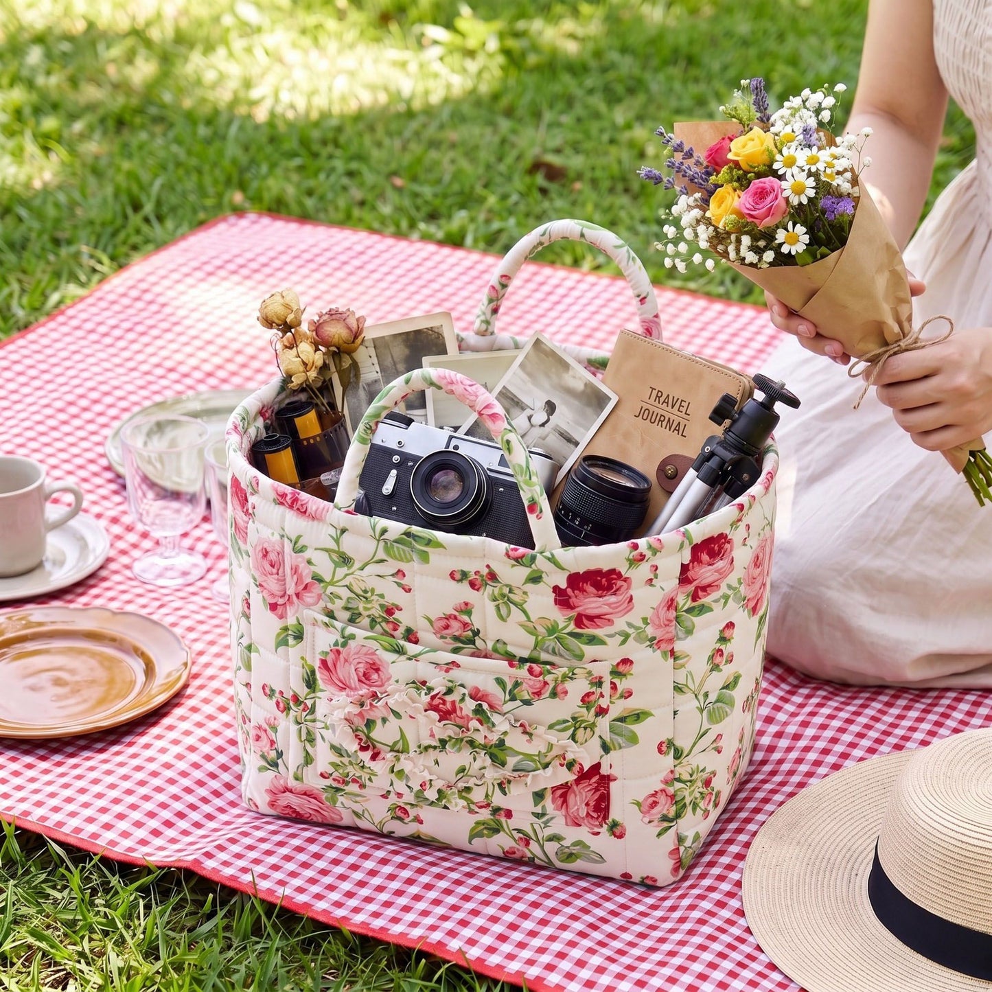 Quilted Floral Storage Basket with Handles and Front Pocket
